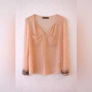 Zara Peach Chiffon Blouse Sheer Long Sleeve Beaded Cuff Top Small